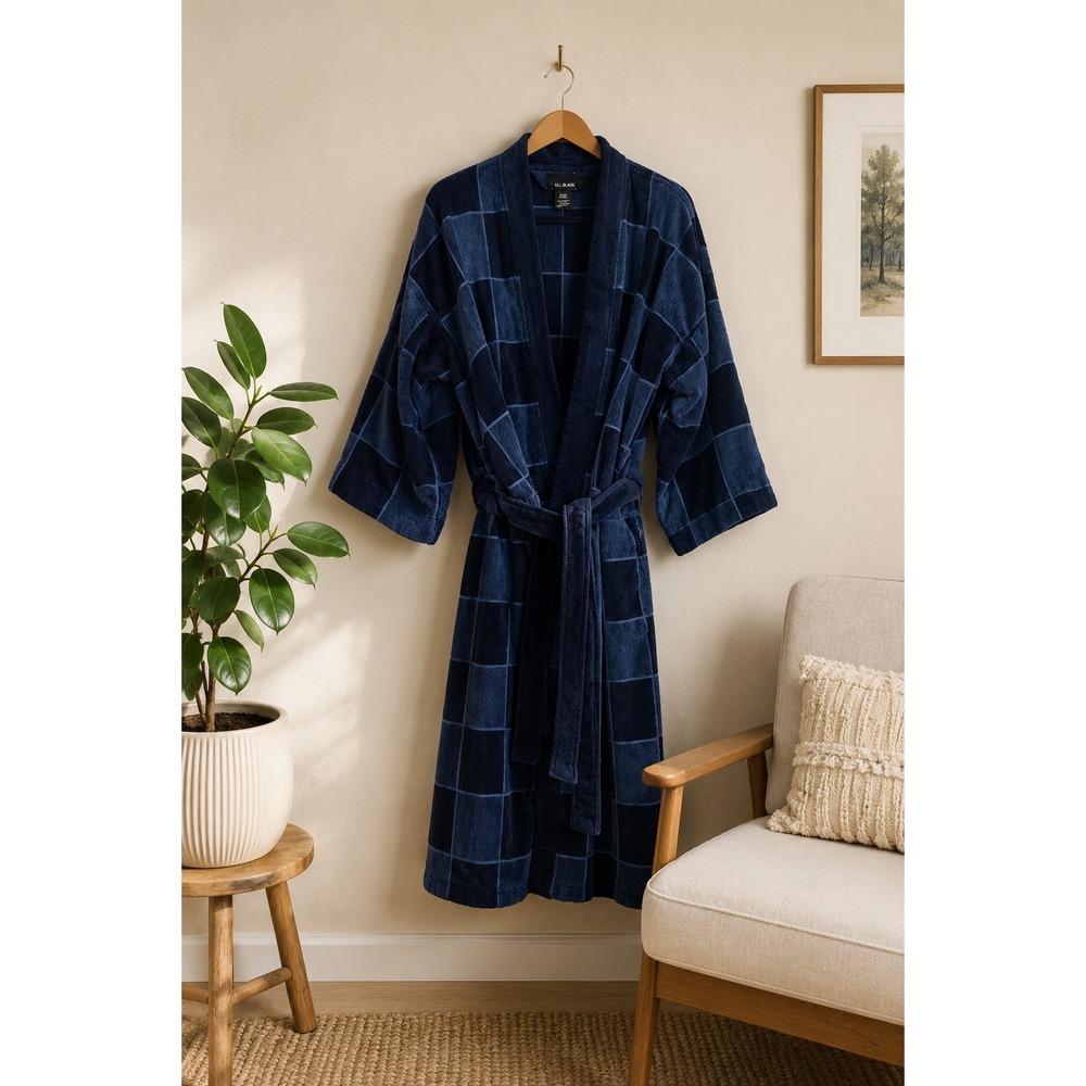 Vintage Bill Blass Navy Checkerboard Terry Cloth Bath Robe 100% Cotton Mens OS